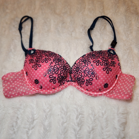 Victoria's Secret Sexy Little Things Pink Polka Dot Navy Push Up Bra 34A - Picture 3 of 4